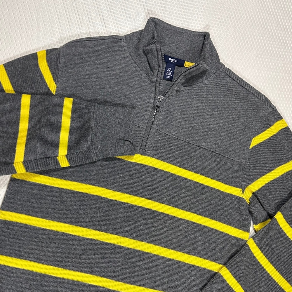 Gap Kids Quarter Zip Pullover Sweater Boys XL 12 Gray Yellow Striped Knit Preppy